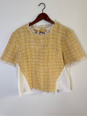 Maeve Anthropologie Tweed Top Yellow Fringe Blouse Size L NWT
